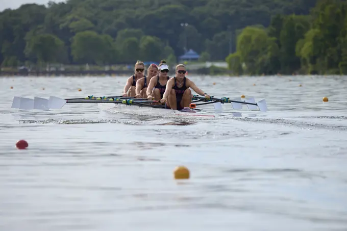 US W4X 2024 Olympic rowers, Lauren O'Connor, Teal Cohen, Emily Delleman, Grace Joyce, training at the US Women's Rowing facility in Princeton, NJ