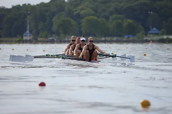 US W4X 2024 Olympic rowers, Lauren O'Connor, Teal Cohen, Emily Delleman, Grace Joyce, training at the US Women's Rowing facility in Princeton, NJ