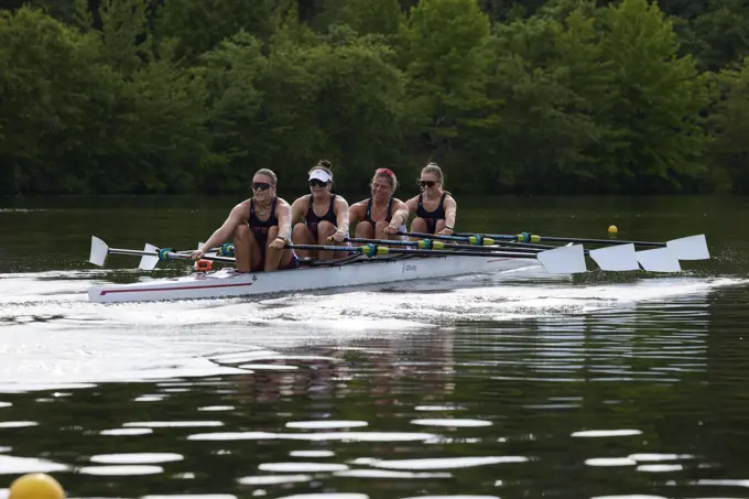 US W4X 2024 Olympic rowers, Lauren O'Connor, Teal Cohen, Emily Delleman, Grace Joyce, training at the US Women's Rowing facility in Princeton, NJ