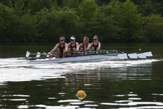 US W4X 2024 Olympic rowers, Lauren O'Connor, Teal Cohen, Emily Delleman, Grace Joyce, training at the US Women's Rowing facility in Princeton, NJ