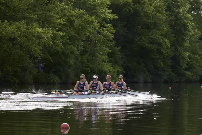 US W4X 2024 Olympic rowers, Lauren O'Connor, Teal Cohen, Emily Delleman, Grace Joyce, training at the US Women's Rowing facility in Princeton, NJ