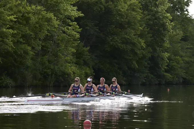 US W4X 2024 Olympic rowers, Lauren O'Connor, Teal Cohen, Emily Delleman, Grace Joyce, training at the US Women's Rowing facility in Princeton, NJ