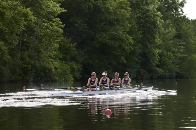 US W4X 2024 Olympic rowers, Lauren O'Connor, Teal Cohen, Emily Delleman, Grace Joyce, training at the US Women's Rowing facility in Princeton, NJ