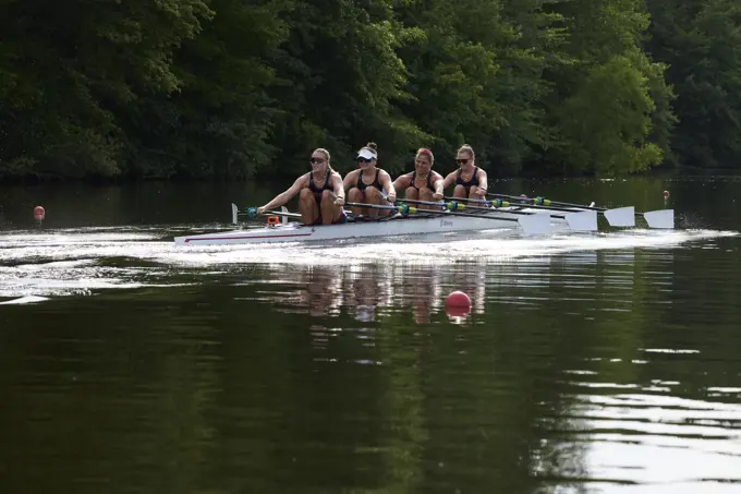 US W4X 2024 Olympic rowers, Lauren O'Connor, Teal Cohen, Emily Delleman, Grace Joyce, training at the US Women's Rowing facility in Princeton, NJ