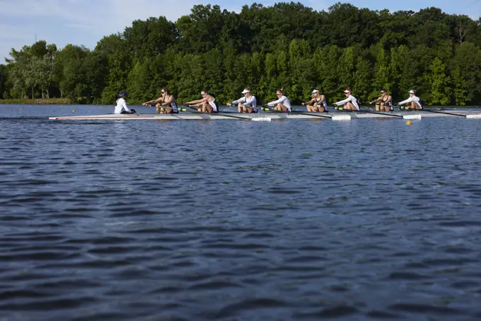 US 8+ 2024 Olympic rowers, Molly Bruggeman, Charlotte Buck, Cristina Castagna, Olivia Coffey, Claire Collins, Margaret Hedeman, Meghan Musnicki, Regina Salmons, Madeleine Wanamaker, training at the US Women's Rowing facility in Princeton, NJ