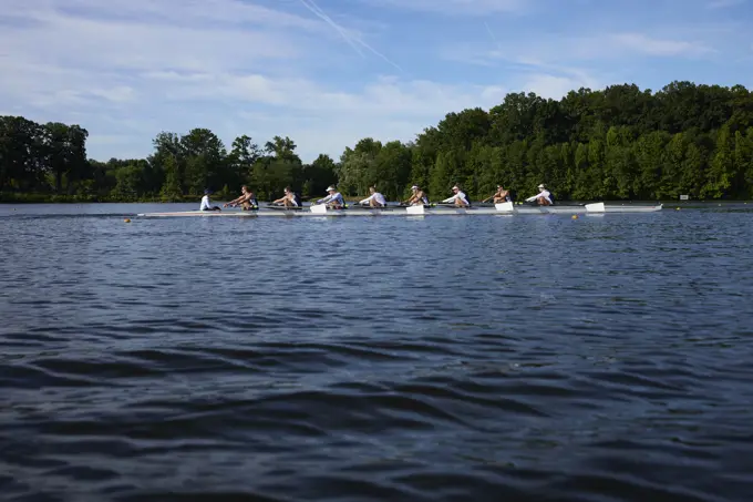 US 8+ 2024 Olympic rowers, Molly Bruggeman, Charlotte Buck, Cristina Castagna, Olivia Coffey, Claire Collins, Margaret Hedeman, Meghan Musnicki, Regina Salmons, Madeleine Wanamaker, training at the US Women's Rowing facility in Princeton, NJ