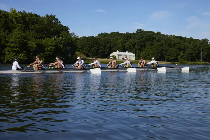 US 8+ 2024 Olympic rowers, Molly Bruggeman, Charlotte Buck, Cristina Castagna, Olivia Coffey, Claire Collins, Margaret Hedeman, Meghan Musnicki, Regina Salmons, Madeleine Wanamaker, training at the US Women's Rowing facility in Princeton, NJ