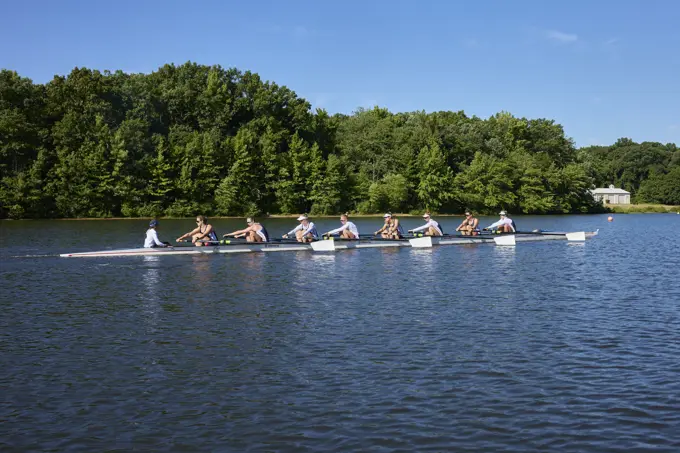 US 8+ 2024 Olympic rowers, Molly Bruggeman, Charlotte Buck, Cristina Castagna, Olivia Coffey, Claire Collins, Margaret Hedeman, Meghan Musnicki, Regina Salmons, Madeleine Wanamaker, training at the US Women's Rowing facility in Princeton, NJ