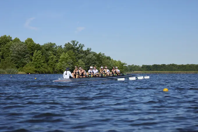 US 8+ 2024 Olympic rowers, Molly Bruggeman, Charlotte Buck, Cristina Castagna, Olivia Coffey, Claire Collins, Margaret Hedeman, Meghan Musnicki, Regina Salmons, Madeleine Wanamaker, training at the US Women's Rowing facility in Princeton, NJ