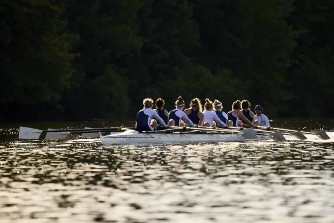 US 8+ 2024 Olympic rowers, Molly Bruggeman, Charlotte Buck, Cristina Castagna, Olivia Coffey, Claire Collins, Margaret Hedeman, Meghan Musnicki, Regina Salmons, Madeleine Wanamaker, training at the US Women's Rowing facility in Princeton, NJ