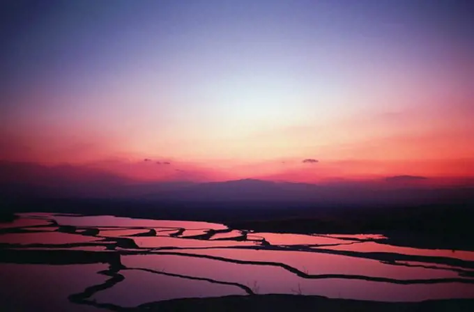 High angle view of travertine pools, Pamukkale, Turkey