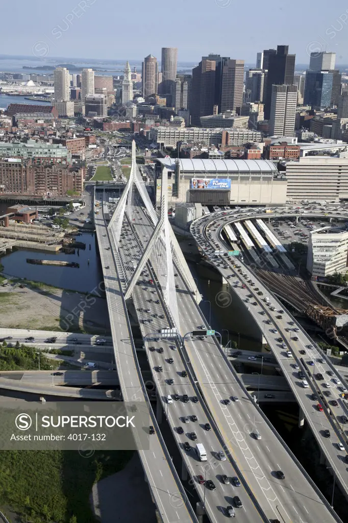 USA,   Massachusetts,   Boston,   Traffic on Zakim Bridge,   elevated view