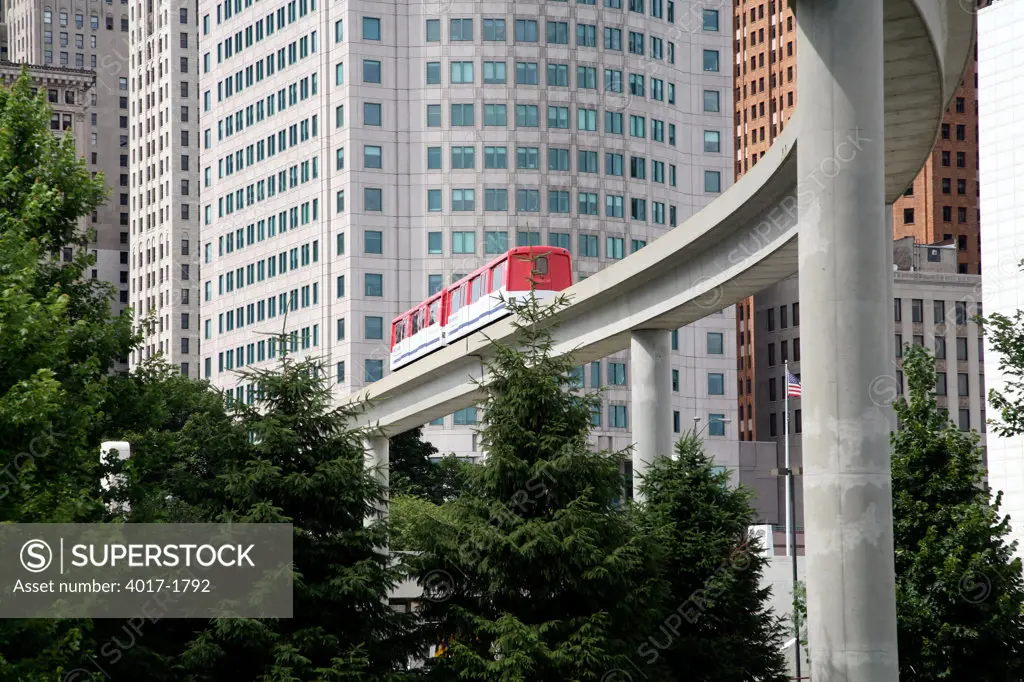 The Detroit People Mover on an elevated bridge in Downtown Detroit