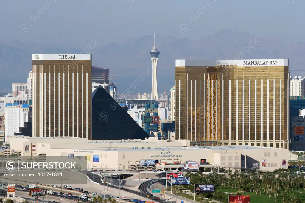 The Las Vegas Strip with the Luxor, Mandalay Bay and Stratosphere dominating the skyline