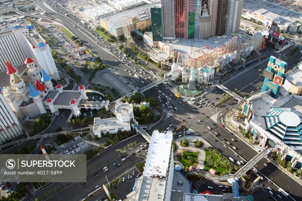 Aerial of Las Vegas Boulevard and Tropicana Avenue on the Vegas Strip