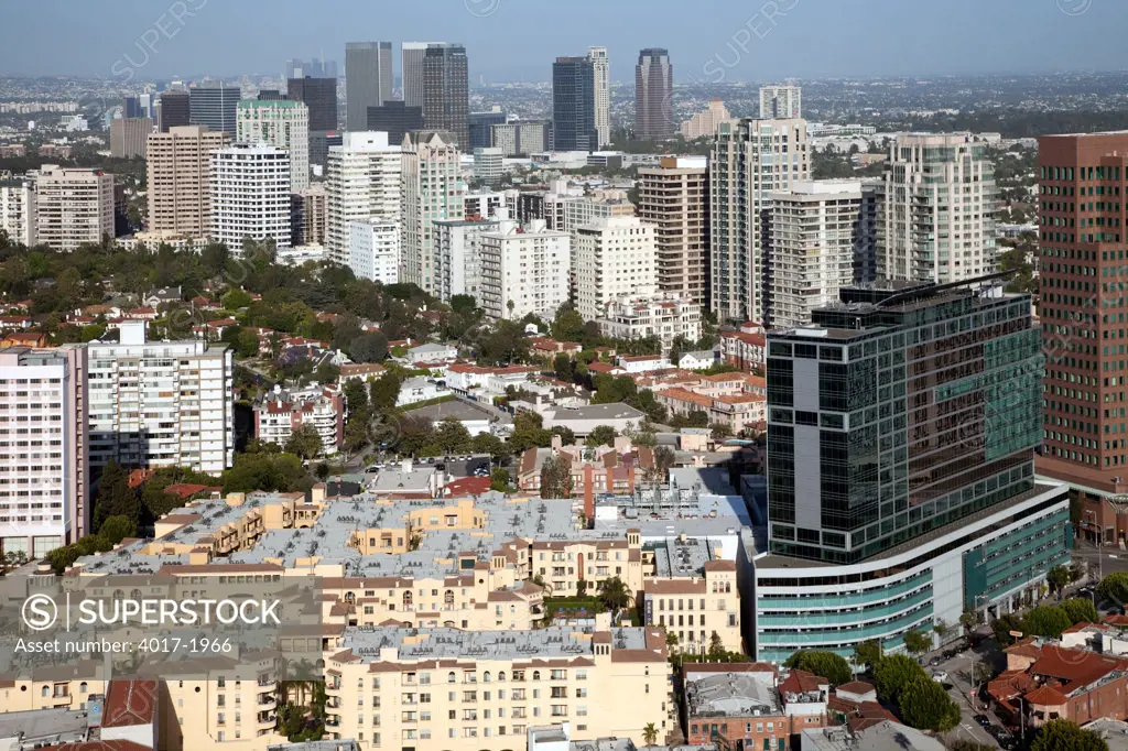 Aerial of the Westwood Skyline along Wilshire Blvd in Los Angeles