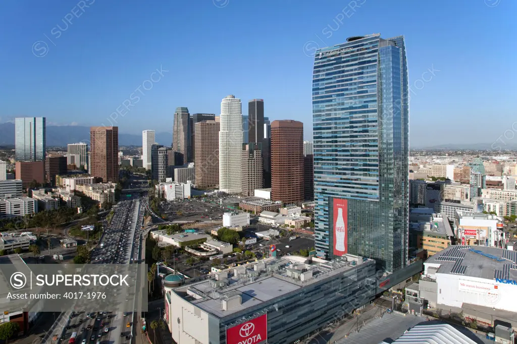 Aerial of the LA Live District and Downtown Los Angeles, California