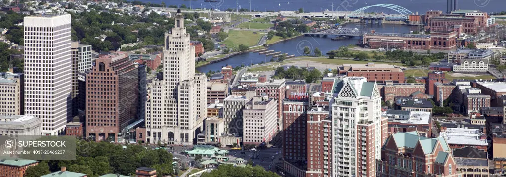 Panoramic aerial photograph of the Providence Rhode Island skyline near the mouth of the Narragansett Bay