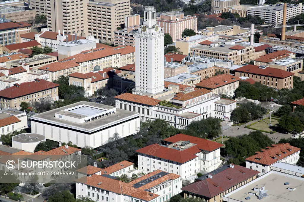 Aerial of  the Main Building and Tower at The University of Texas in Downtown Austin