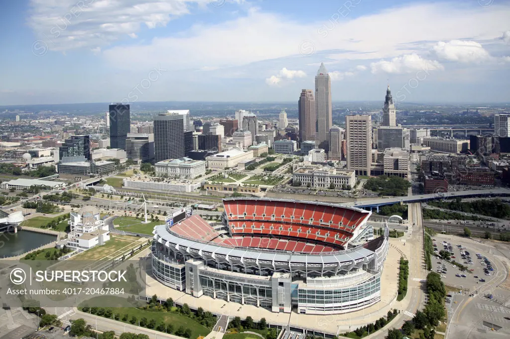 Aerial of Cleveland Browns Stadium with the Skyline of Cleveland, Ohio