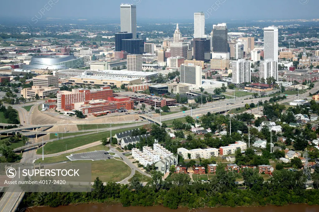 Aerial of Downtown Tulsa, Oklahoma Skyline from the Arkansas River