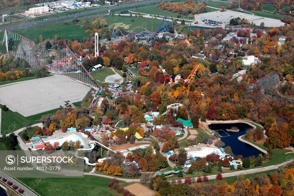 USA, Missouri, Kansas City, Aerial view of Worlds of Fun Amusement Park