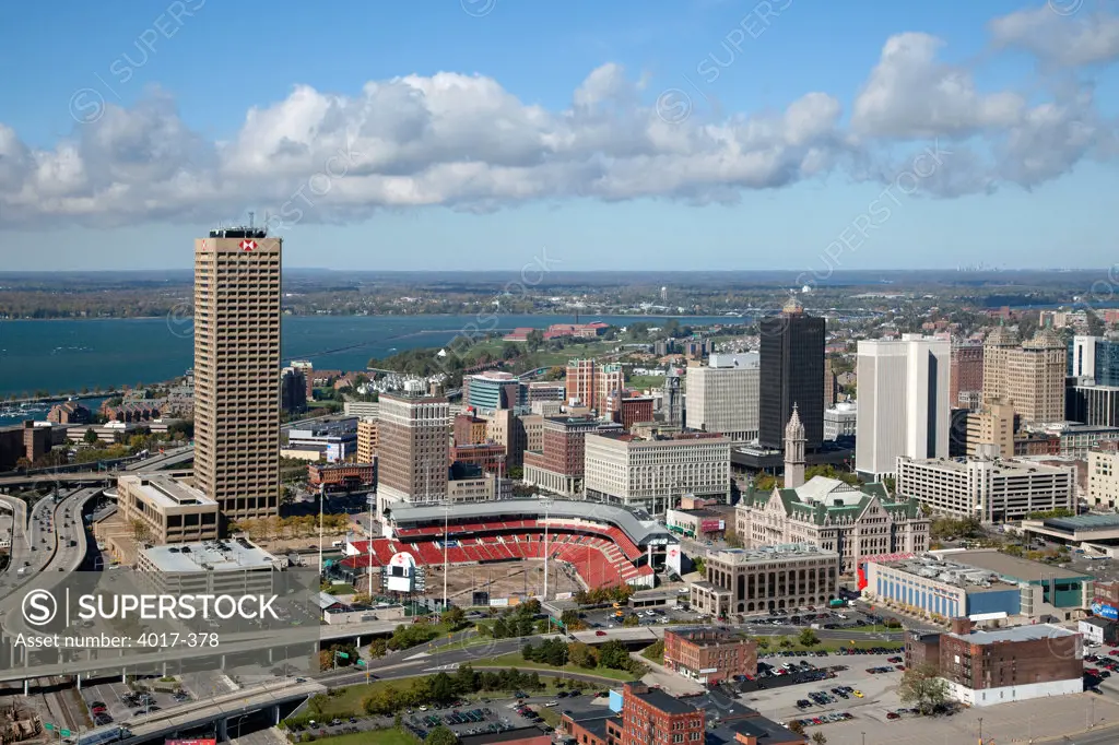 Aerial of Buffalo Skyline with Lake Erie in background.