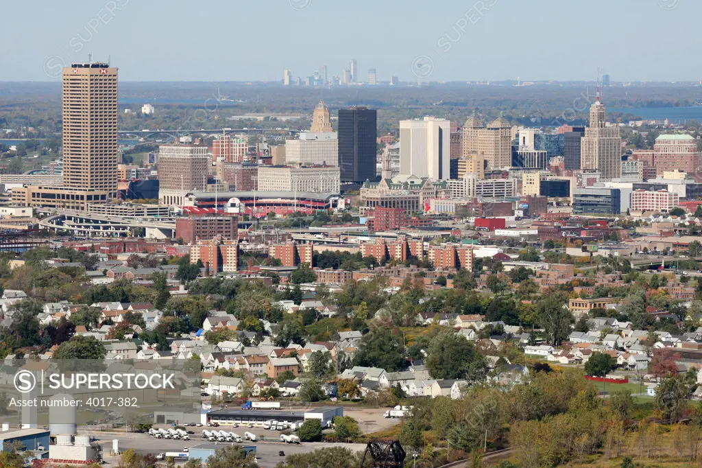 Aerial of Buffalo Skyline with Niagara Falls Skyline in background.