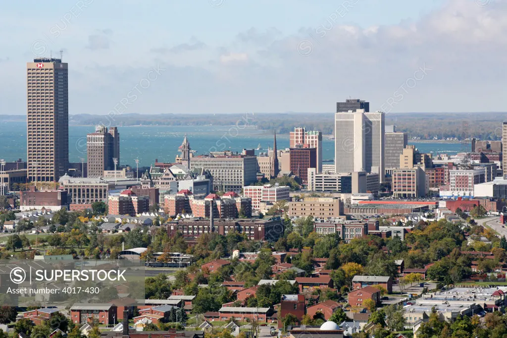 Downtown Buffalo Skyline Aerial with Lake Erie in background