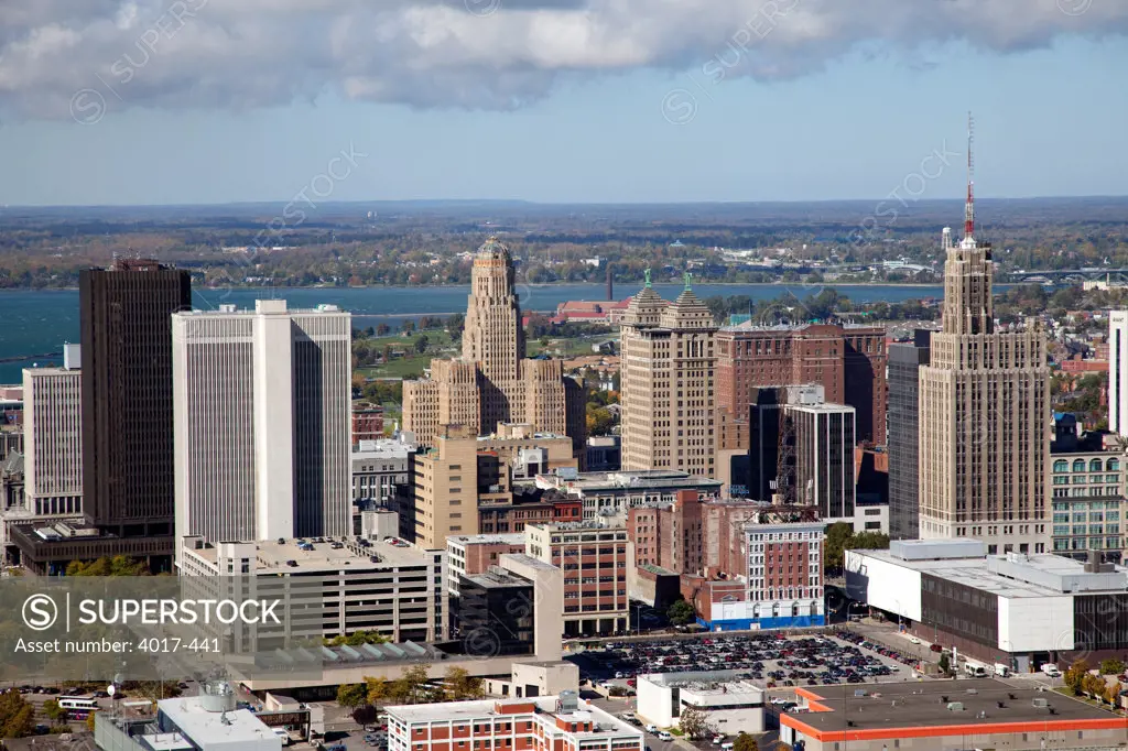 Aerial of Buffalo Skyline with Lake Erie in background