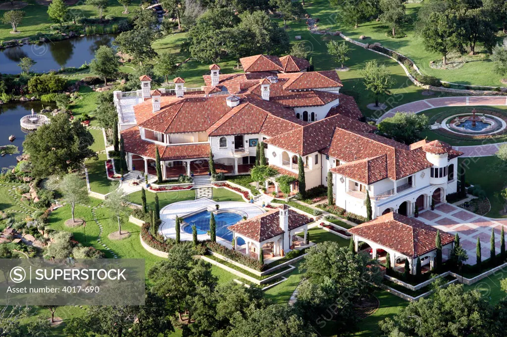 Aerial of massive mansion in Suburban Fort Worth