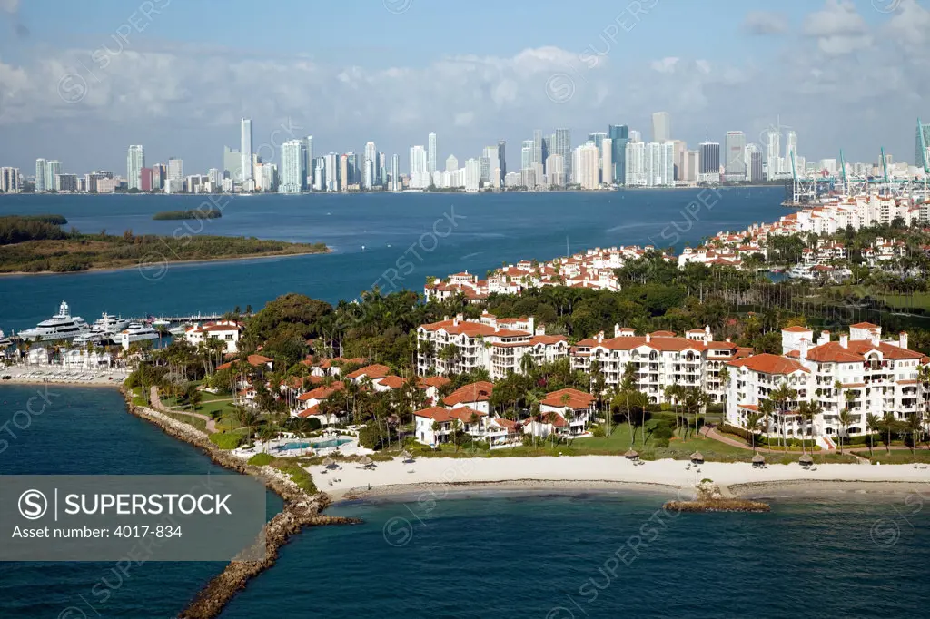 Aerial of Fisher Island and the Miami Skyline