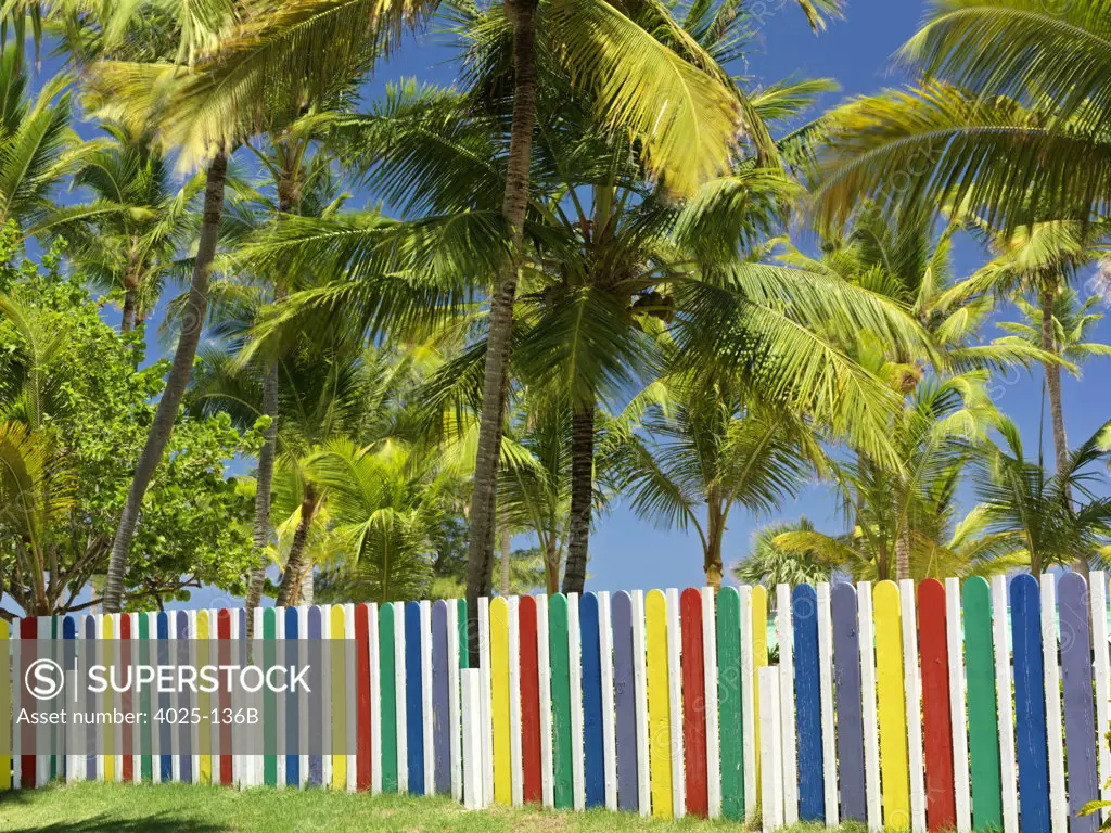 Colorful picket fence on the beach, Bavaro Beach, Punta Cana, Dominican Republic