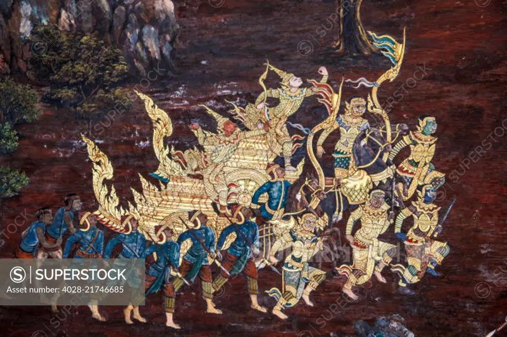 Bangkok, Thailand, Ancient fresco depicting warriors and demons going to battle with a golden chariot, Ramakien Gallery, Wat Phra Kaew, Grand Palace, Temple of the Emerald Buddha