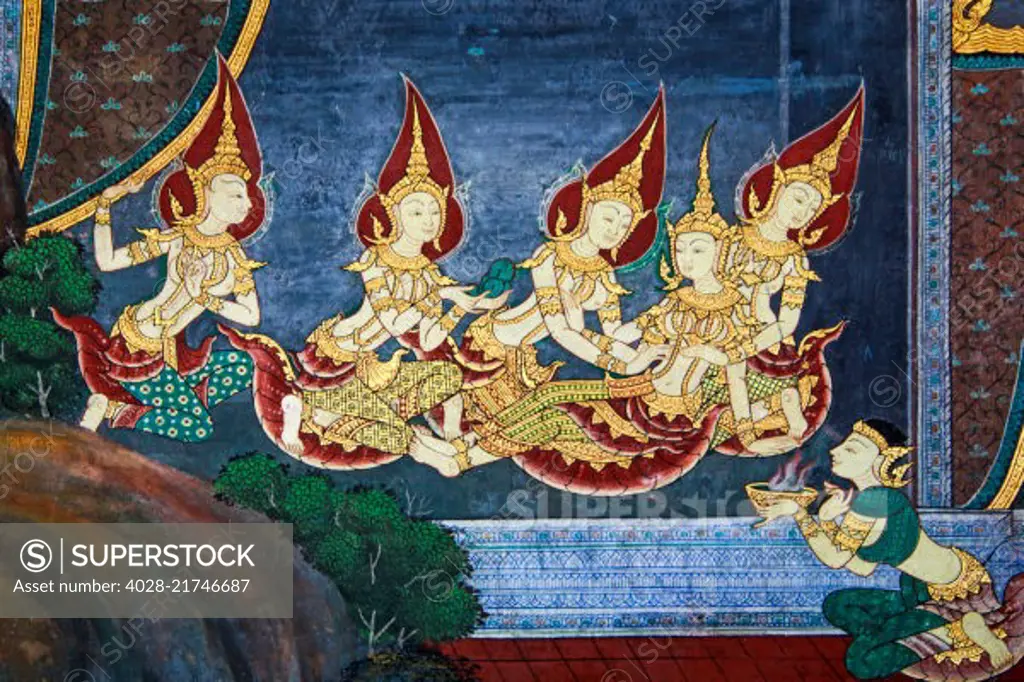 Bangkok, Thailand, Ancient fresco depicting Thai Courtesans, Ramakien Gallery, Wat Phra Kaew, Grand Palace, Temple of the Emerald Buddha