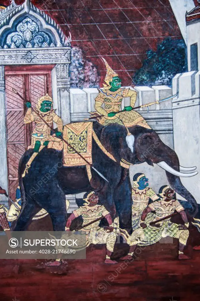 Bangkok, Thailand, Ancient fresco depicting demons and a war elephant going to battle, Ramakien Gallery, Wat Phra Kaew, Grand Palace, Temple of the Emerald Buddha