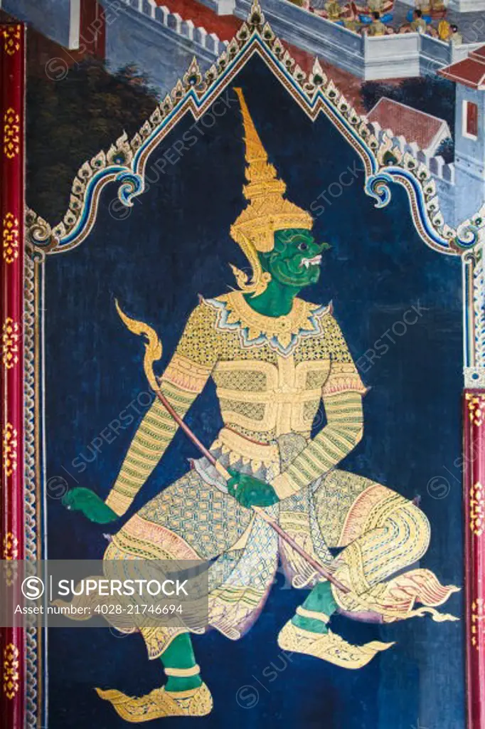 Bangkok, Thailand, Ancient fresco depicting a mythical demon guardian, Ramakien Gallery, Wat Phra Kaew, Grand Palace, Temple of the Emerald Buddha