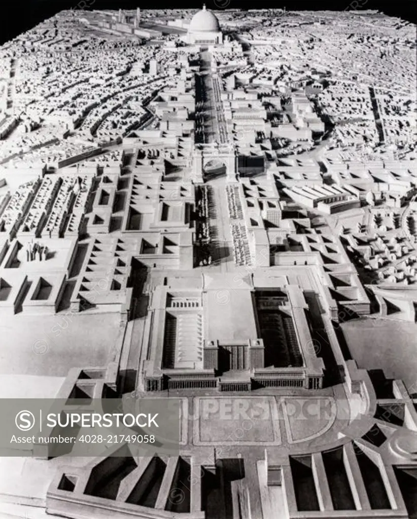 Berlin, Germany, old photograph of a model created by Alber Speer for Adolph Hitler showing Welthauptstadt Germania (World Capital Germania), on display at the Topographie of Terror historical museum.