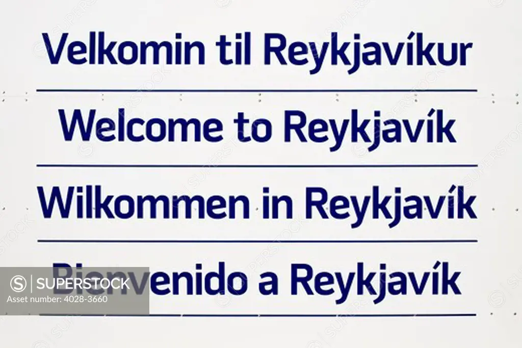 Iceland, Reykjavik multilingual welcome to Reykjavik sign in Icelandic, English, German, and Spanish