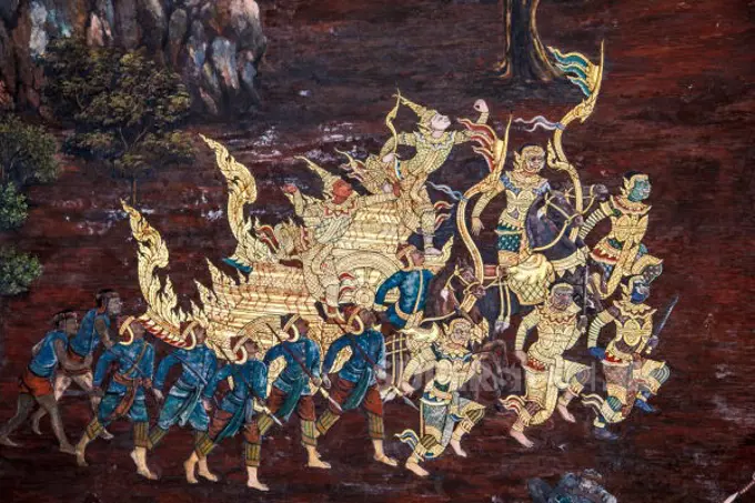 Bangkok, Thailand, Ancient fresco depicting warriors and demons going to battle with a golden chariot, Ramakien Gallery, Wat Phra Kaew, Grand Palace, Temple of the Emerald Buddha