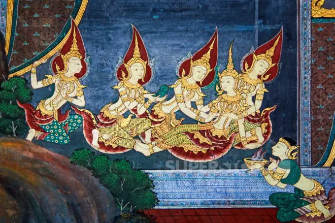 Bangkok, Thailand, Ancient fresco depicting Thai Courtesans, Ramakien Gallery, Wat Phra Kaew, Grand Palace, Temple of the Emerald Buddha