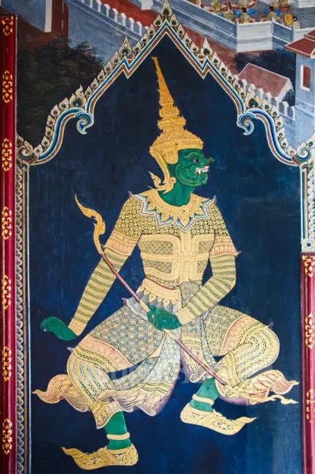 Bangkok, Thailand, Ancient fresco depicting a mythical demon guardian, Ramakien Gallery, Wat Phra Kaew, Grand Palace, Temple of the Emerald Buddha