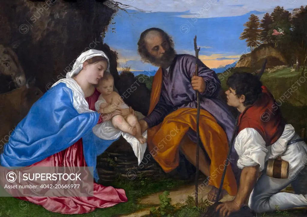 The Holy Family with a Shepherd, by Titian, circa 1510, National Gallery, London, England, UK, GB, Europe