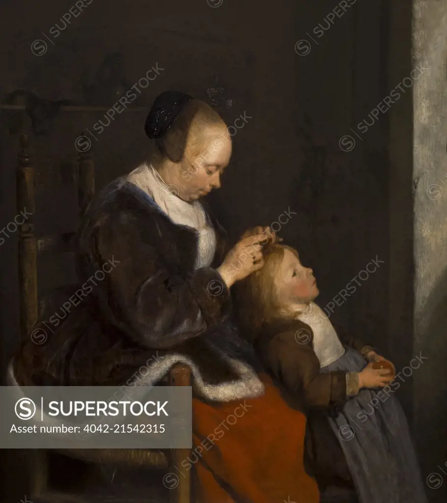 Mother Combing Her Child's Hair, Hunting for Lice, by Gerard ter Borch the Younger, circa 1652, Art Gallery, Mauritshuis Museum, The Hague, Netherlands, Europe