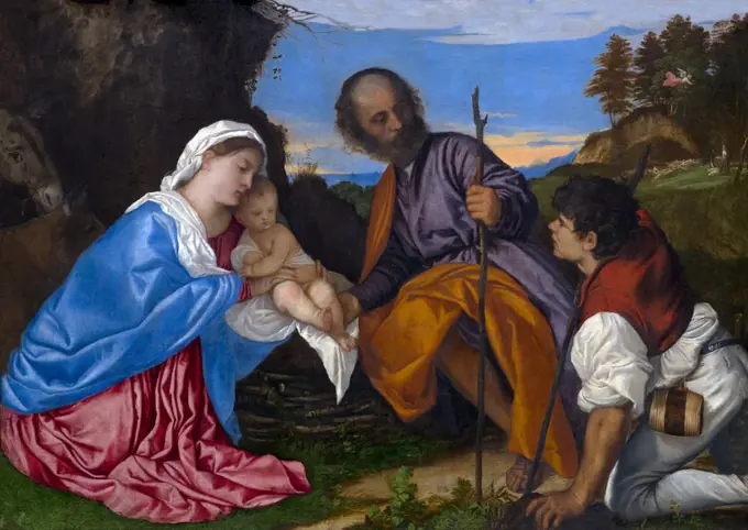 The Holy Family with a Shepherd, by Titian, circa 1510, National Gallery, London, England, UK, GB, Europe