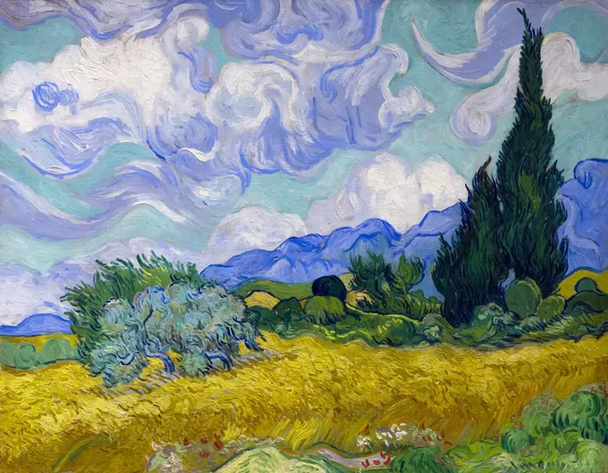 A Wheatfield, with Cypresses, by Vincent van Gogh,1889, National Gallery, London, England, UK, GB, Europe