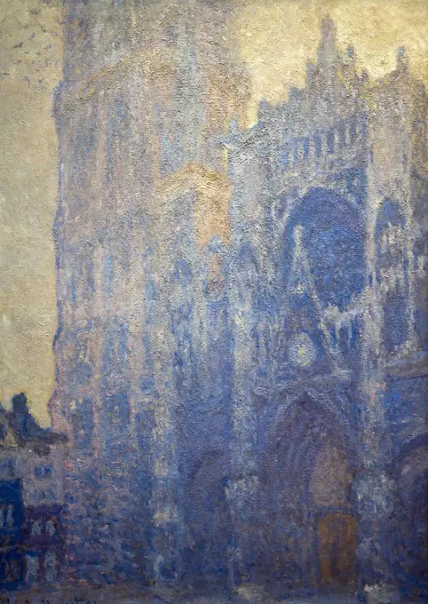 Rouen Cathedral, Great Door and Tower, morning sunlight, Harmony in white, La Cathedrale de Rouen, Le portail et la tour d'Albane, soleil du matin, Harmonie blanche, by Claude Monet, 1893