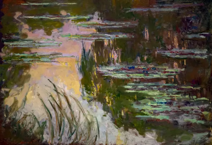 Water-Lilies, Setting Sun, by Claude Monet, circa 1907, National Gallery, London, England, UK, GB, Europe