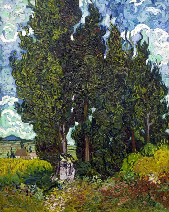 Cypresses with Two Figures, by Vincent van Gogh, 1889-1890, Kroller-Muller Museum, Hoge Veluwe National Park, Otterlo, Netherlands, Europe