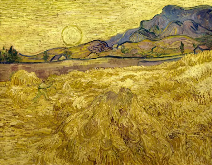 Wheat Field with Reaper and Sun, by Vincent van Gogh, 1889, Kroller-Muller Museum, Hoge Veluwe National Park, Otterlo, Netherlands, Europe